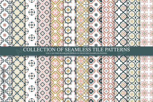 Collection of seamless geometric mosaic patterns - color tile textures. Decorative tileable endless ornamental east backgrounds. Vector repeatable symmetric prints.