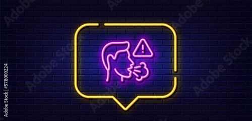 Neon light speech bubble. Cough line icon. Coronavirus symptom sign. Flu, sneeze or pneumonie symbol. Neon light background. Cough glow line. Brick wall banner. Vector