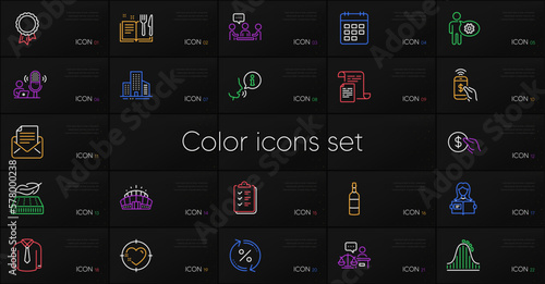 Set of Heart target, Success and Checklist line icons. Include Buildings, Arena stadium, Recipe book icons. Roller coaster, Woman read, Brandy bottle web elements. Documents. Vector