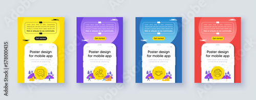 Simple set of Smile face, Share and Employees handshake line icons. Poster offer design with phone interface mockup. Include Lock icons. For web, application. Chat, Male user, Deal hand. Vector