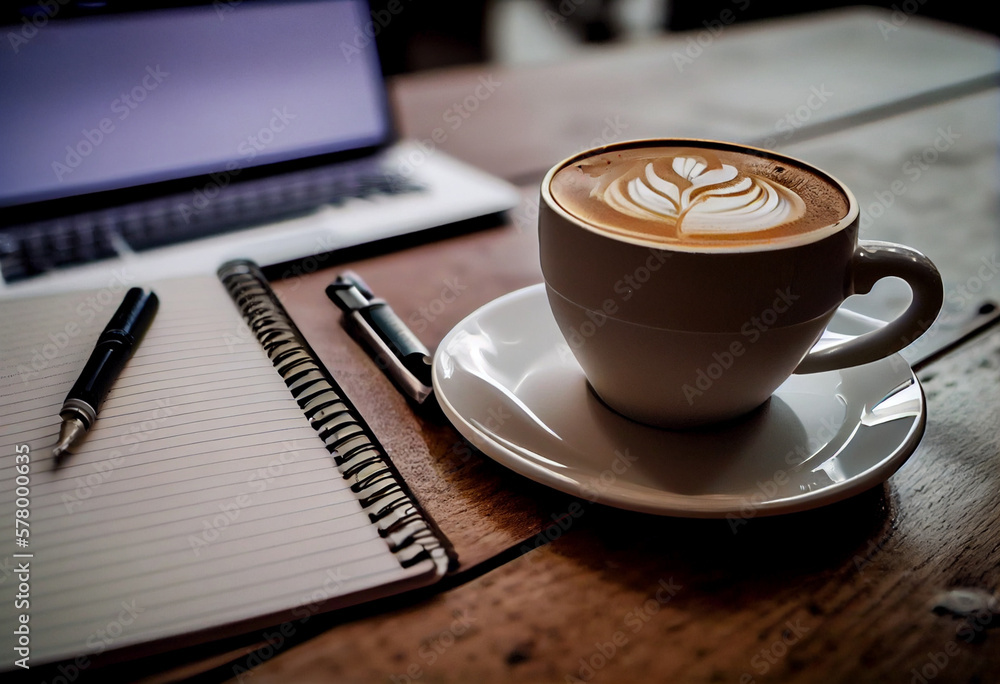 open notepad and cup of coffee on wooden background, spiral notebook , AI Generated open notepad and cup of coffee on wooden background, spiral notebook , AI Generated