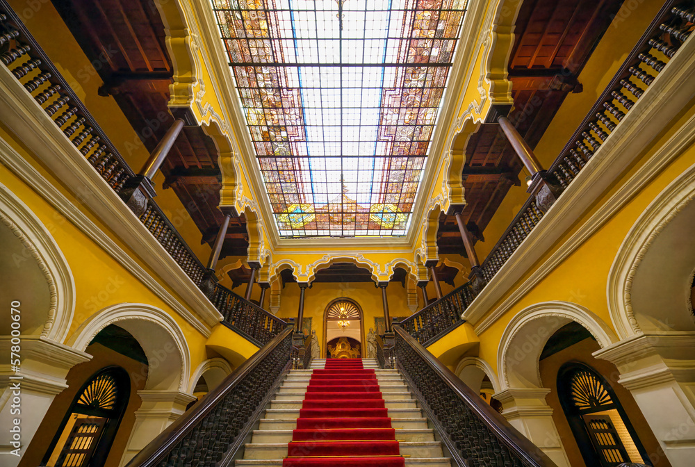 Archbishop's Palace, Main Hall sumptuous stairway and stained-glass ceiling, Lima, Peru