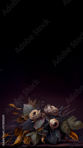 Mourning flowers on a dark background in the form of a wreath for condolences  vertical banner  copy space  generated by ai