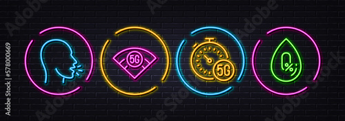 5g wifi, 5g internet and Cough minimal line icons. Neon laser 3d lights. No alcohol icons. For web, application, printing. Wireless internet, Fast transmission, Coronavirus symptom. Vector