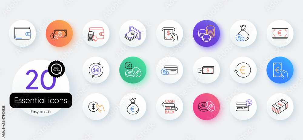 Money wallet line icons. Bicolor outline web elements. Set of Credit card, Cash and Coins icons. Banking, Currency exchange and Cashback service. Wallet, Euro and Dollar money, credit card. Vector