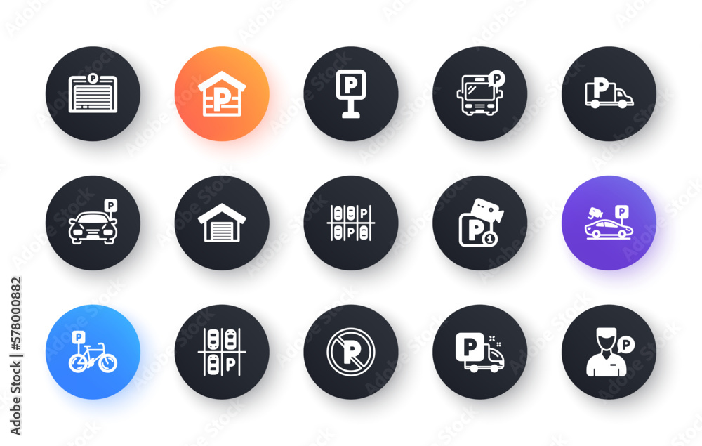 Parking icons. Garage, Valet servant and Paid parking. Car transport park place classic icon set. Circle web buttons. Vector