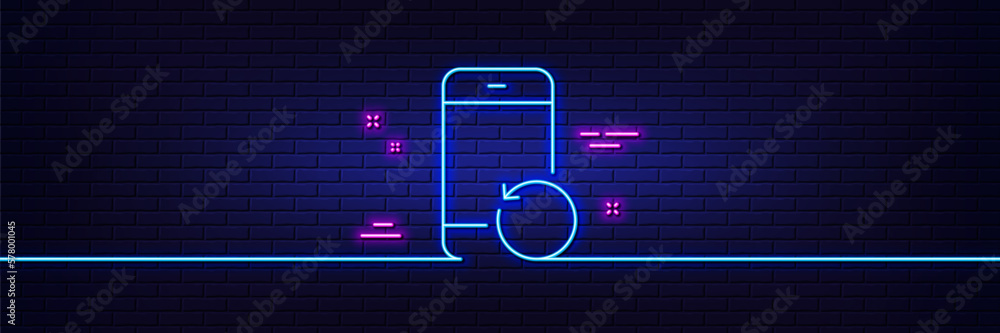 Neon light glow effect. Recovery phone line icon. Backup data sign. Restore smartphone information symbol. 3d line neon glow icon. Brick wall banner. Recovery phone outline. Vector Neon light glow effect. Recovery phone line icon. Backup data sign. Restore smartphone information symbol. 3d line neon glow icon. Brick wall banner. Recovery phone outline. Vector