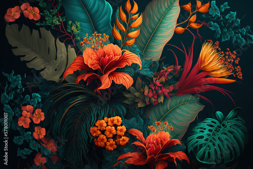 Colorful tropical flowers and leaves, dark background. AI 