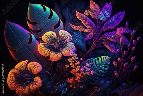 Colorful tropical flowers and leaves, dark background. AI  © Oleksandr Blishch