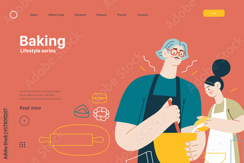 Lifestyle web template -Baking -modern flat vector illustration of a man and a girl wearing aprons making dough baking cookies. The girl is pouring some milk into mixture. People activities concept