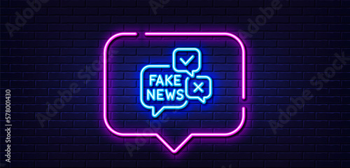 Neon light speech bubble. Fake news line icon. Propaganda conspiracy chat sign. Wrong truth symbol. Neon light background. Fake news glow line. Brick wall banner. Vector