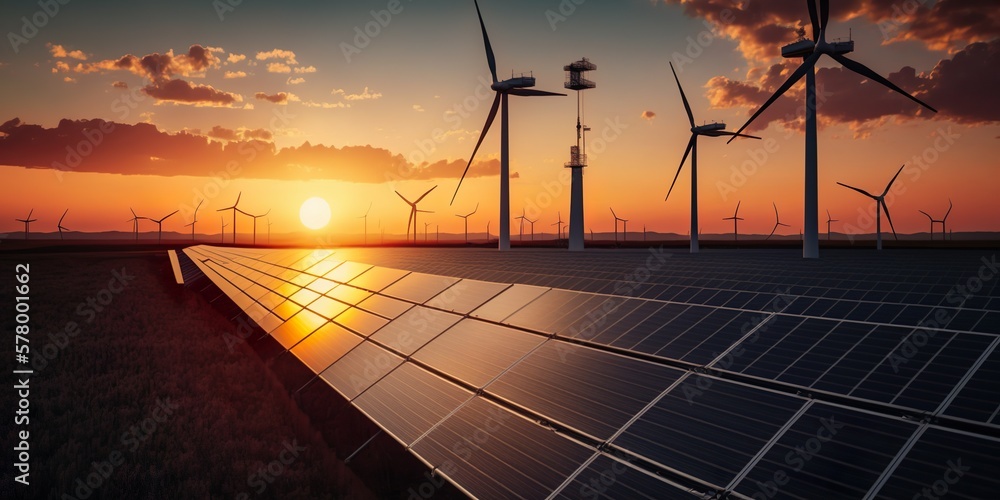Banner Solar Power Station. Photovoltaic panels of solar power station in landscape at sunset. - obrazy, fototapety, plakaty 