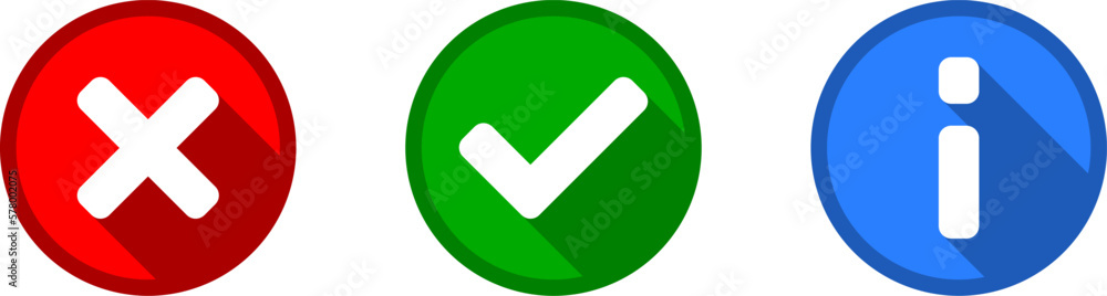 Green Yes or OK and Red No or Declined and Blue Info or Information Icon Set with Check Mark X Cross and i Letter Symbols in Circles with 3D Shadow Effect. Vector Image. Green Yes or OK and Red No or Declined and Blue Info or Information Icon Set with Check Mark X Cross and i Letter Symbols in Circles with 3D Shadow Effect. Vector Image.