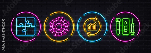 Coronavirus, Update data and Puzzle minimal line icons. Neon laser 3d lights. Blood and saliva test icons. For web, application, printing. Infection, Sales statistics, Engineering strategy. Vector