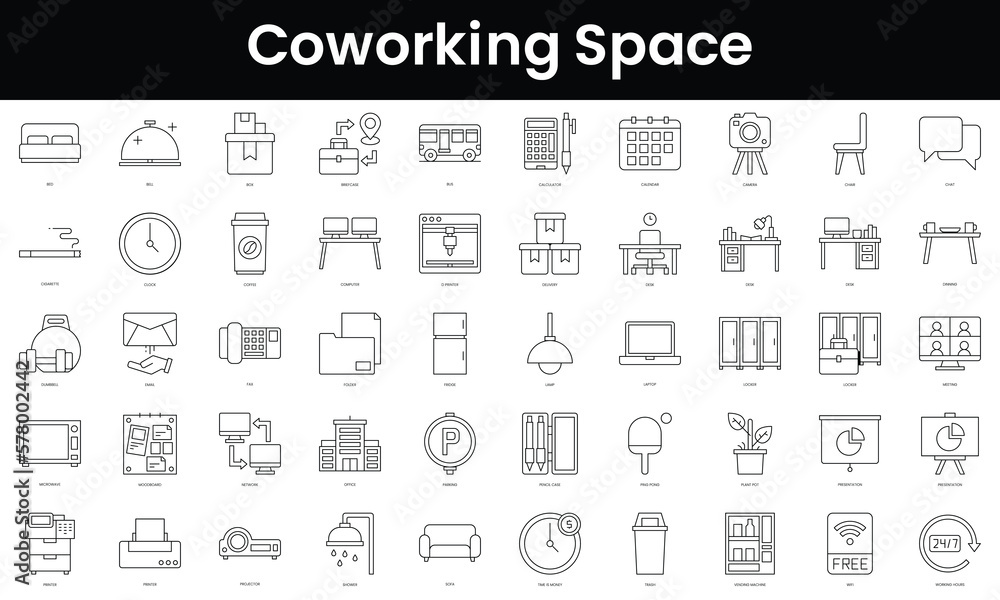 Set of outline coworking space icons. Minimalist thin linear web icon set. vector illustration.