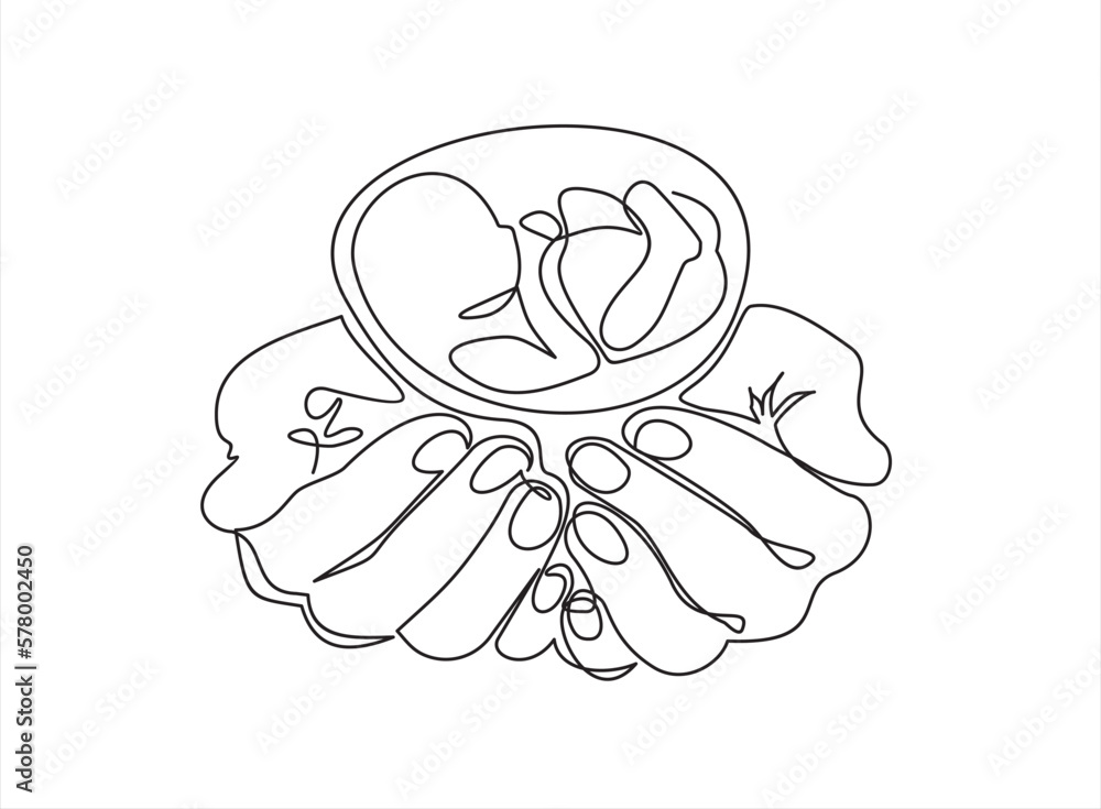 Continuous one line drawing of hands holding a newborn, unborn child baby. Concept of protect child, this can also used for test tube baby, save child. Continuous one line drawing of hands holding a newborn, unborn child baby. Concept of protect child, this can also used for test tube baby, save child.