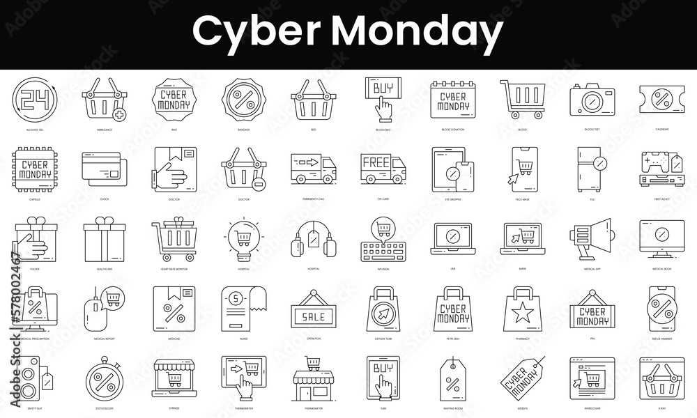 Set of outline cyber monday icons. Minimalist thin linear web icon set. vector illustration.