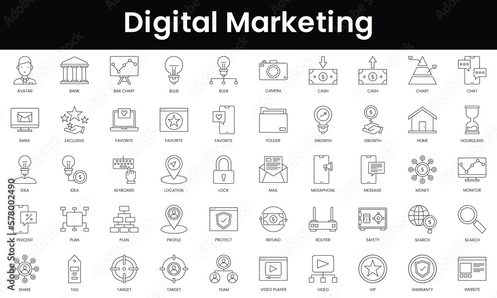 Set of outline digital marketing icons. Minimalist thin linear web icon set. vector illustration.