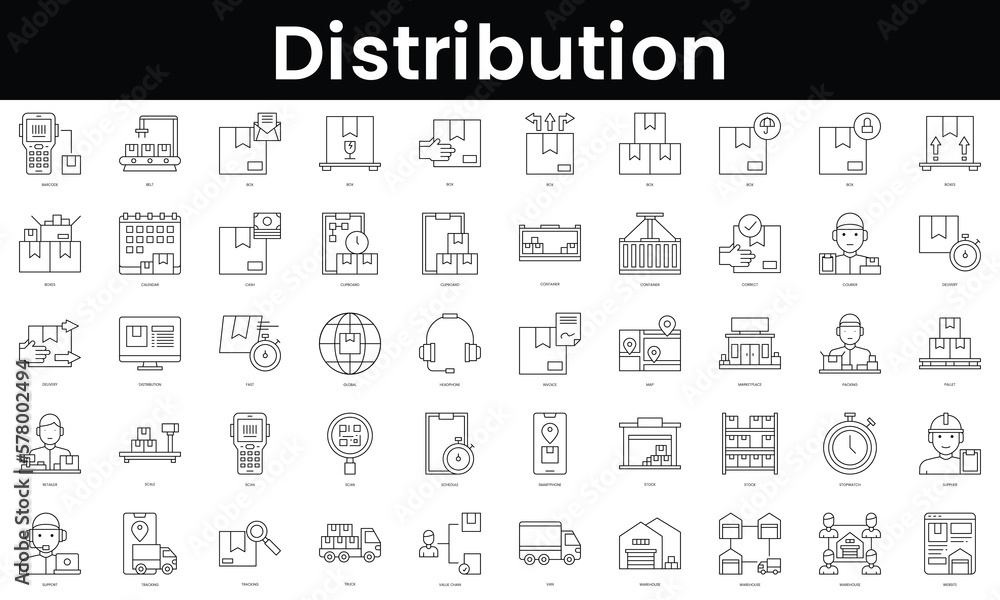 Set of outline distribution icons. Minimalist thin linear web icon set. vector illustration.