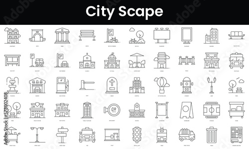 Set of outline city scape icons. Minimalist thin linear web icon set. vector illustration.