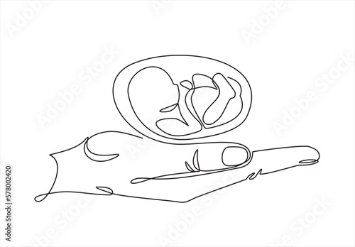 Continuous one line drawing of hands holding a newborn, unborn child baby. Concept of protect child, this can also used for test tube baby, save child.