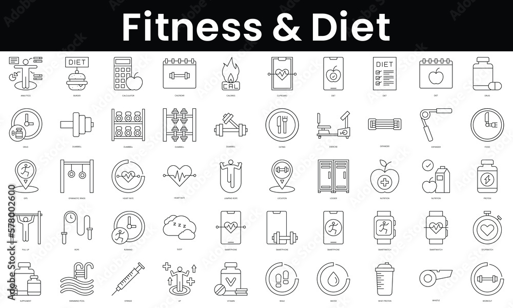 Set of outline fitness and diet icons. Minimalist thin linear web icon set. vector illustration.