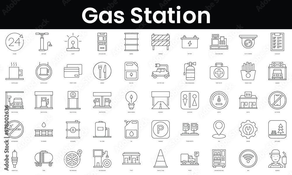 Set of outline gas station icons. Minimalist thin linear web icon set. vector illustration.