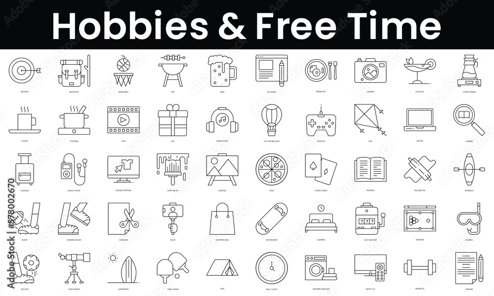 Set of outline hobbies and free time icons. Minimalist thin linear web icon set. vector illustration.