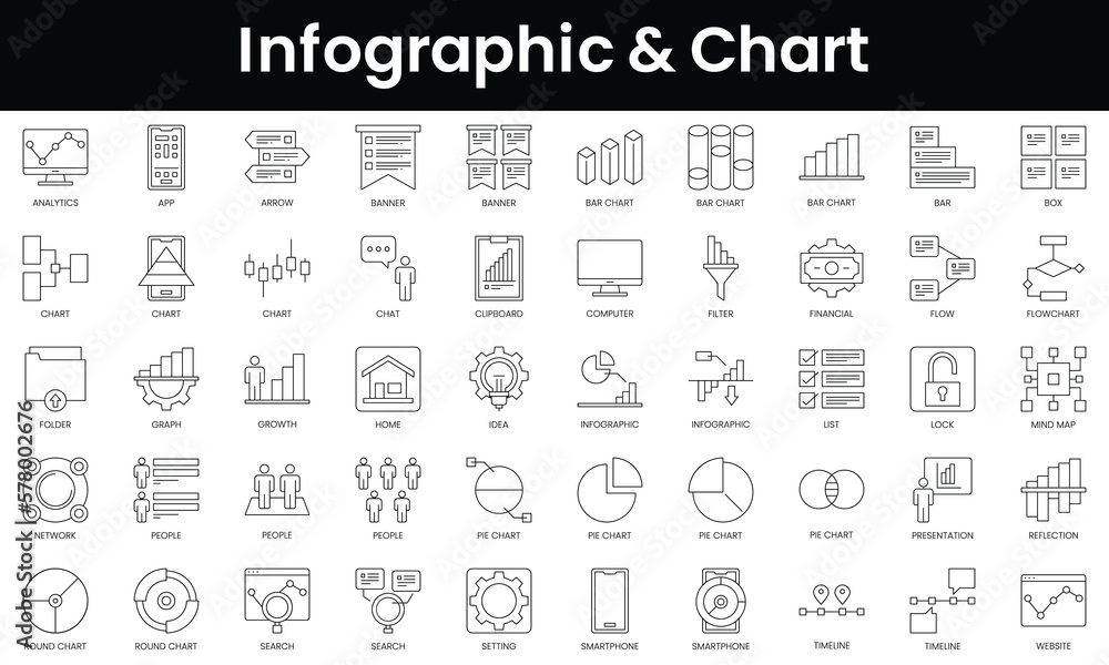 Set of outline infographic and chart icons. Minimalist thin linear web icon set. vector illustration.