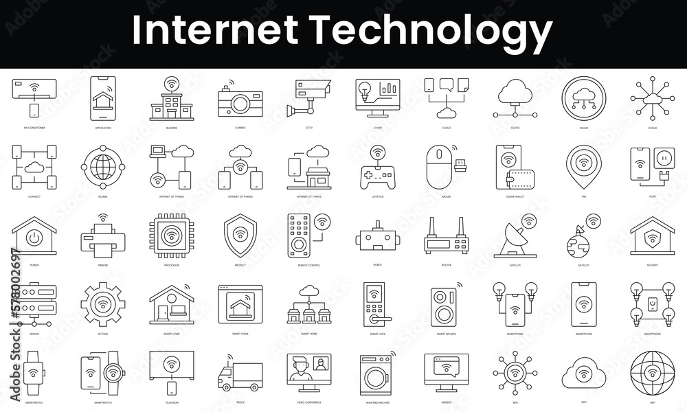 Set of outline internet technology icons. Minimalist thin linear web icon set. vector illustration. - obrazy, fototapety, plakaty 