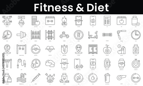 Set of outline fitness and diet icons. Minimalist thin linear web icon set. vector illustration.
