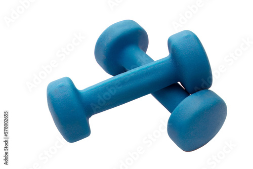 Blue dumbbells for fitness, transparent background, isolated png.