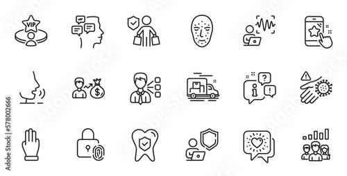 Outline set of Shield, Buyer insurance and Voice wave line icons for web application. Talk, information, delivery truck outline icon. Include Sallary, Dental insurance, Teamwork results icons. Vector