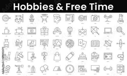 Set of outline hobbies and free time icons. Minimalist thin linear web icon set. vector illustration.