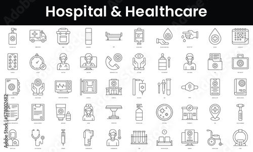 Set of outline hospital and healthcare icons. Minimalist thin linear web icon set. vector illustration.