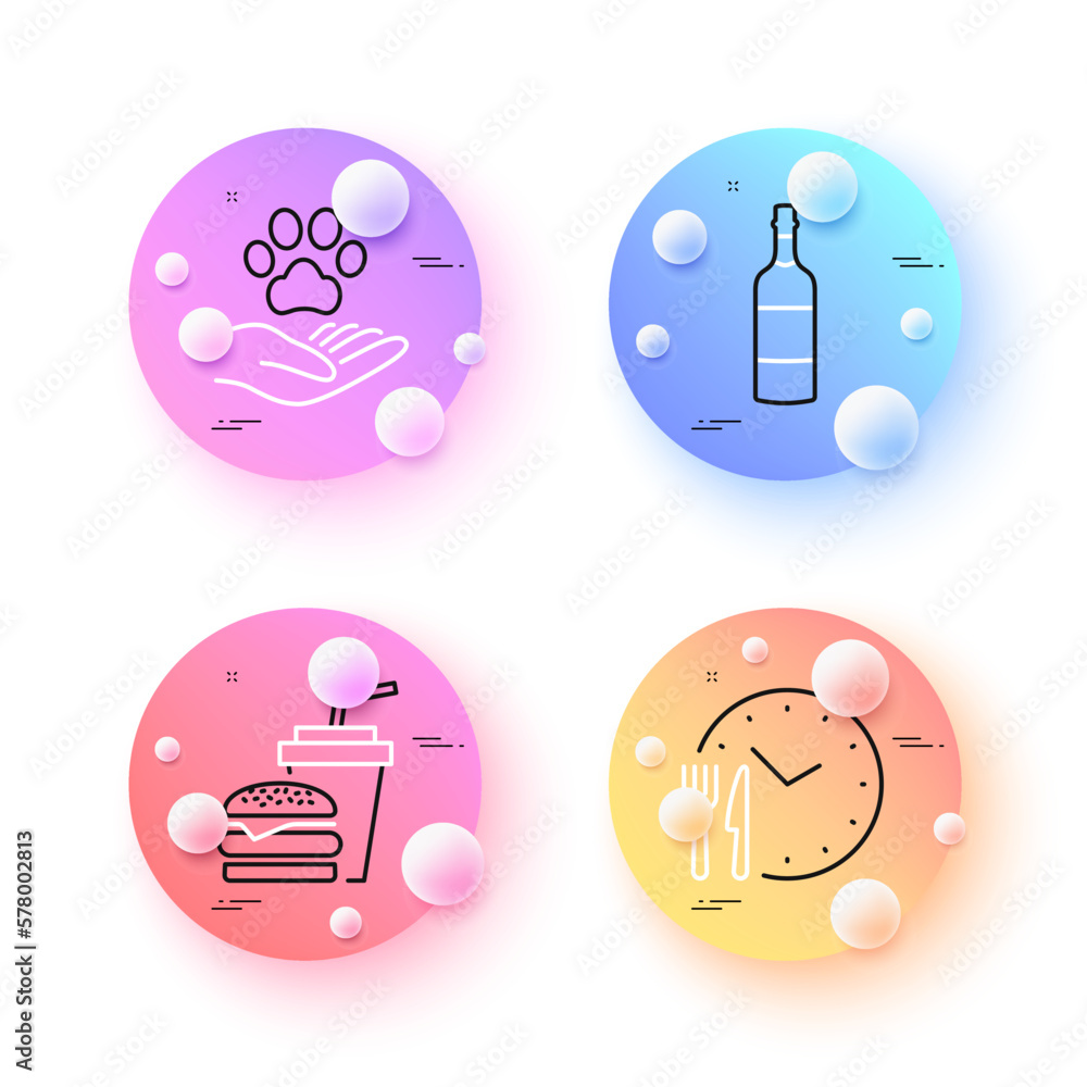 Food time, Hamburger and Pets care minimal line icons. 3d spheres or balls buttons. Brandy bottle icons. For web, application, printing. Eat clock, Burger with drink, Shelter. Whiskey. Vector Food time, Hamburger and Pets care minimal line icons. 3d spheres or balls buttons. Brandy bottle icons. For web, application, printing. Eat clock, Burger with drink, Shelter. Whiskey. Vector