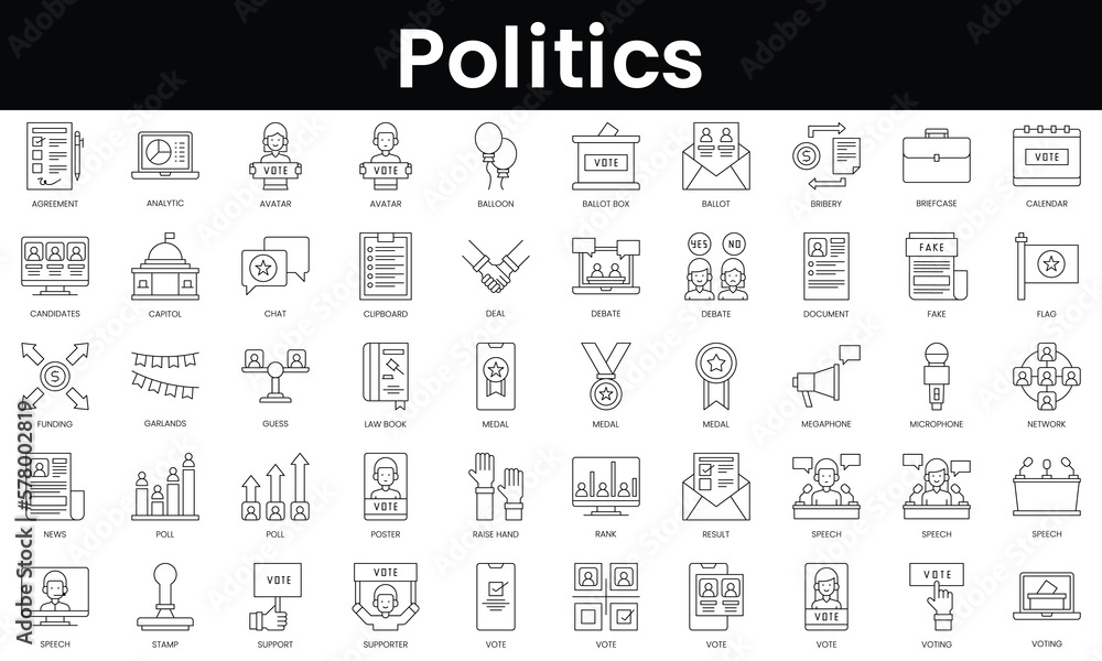 Set of outline politics icons. Minimalist thin linear web icon set. vector illustration.