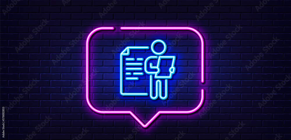 Neon light speech bubble. Job interview document line icon. CV file page sign. Office workflow symbol. Neon light background. Job interview glow line. Brick wall banner. Vector Neon light speech bubble. Job interview document line icon. CV file page sign. Office workflow symbol. Neon light background. Job interview glow line. Brick wall banner. Vector