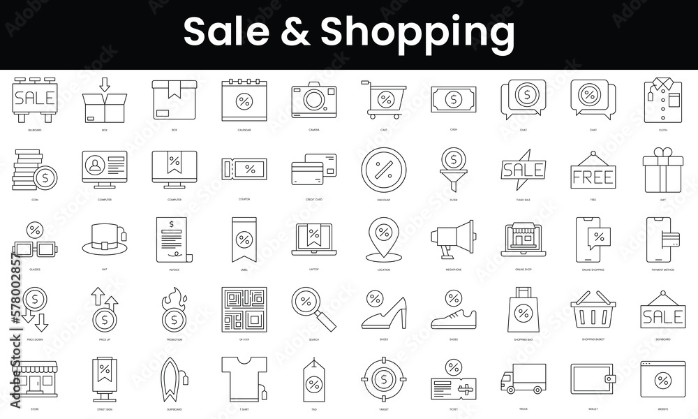 Set of outline sale and shopping icons. Minimalist thin linear web icon set. vector illustration.