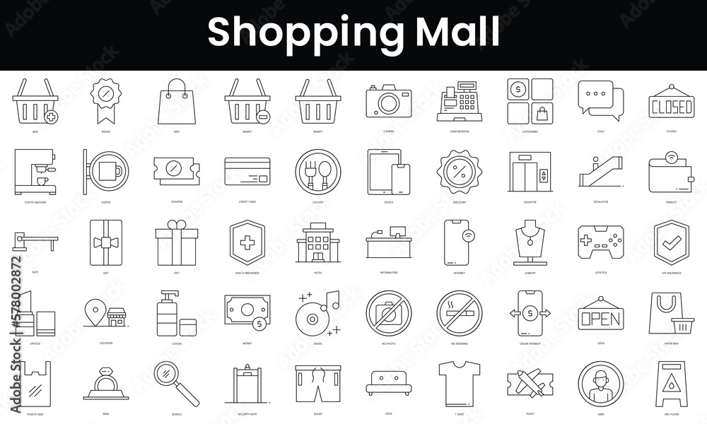 Set of outline shopping mall icons. Minimalist thin linear web icon set. vector illustration.