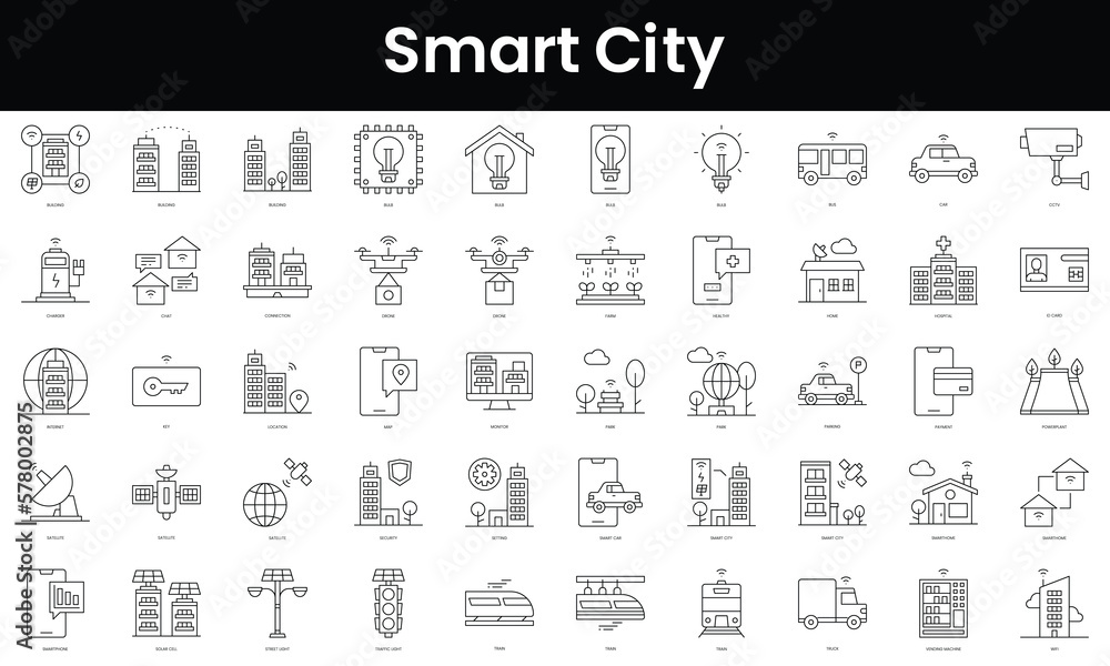 Set of outline smart city icons. Minimalist thin linear web icon set. vector illustration.