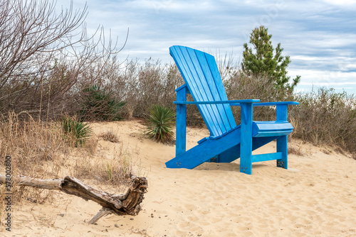 Fotografie An oversized blue adirondack chair on the Sandbridge beach near trees, greenery and driftwood