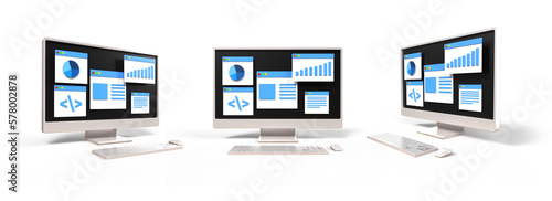 3D computer setup, keyboard, mouse with monitor screen graphic bar, financial, annual report, profitable, coding