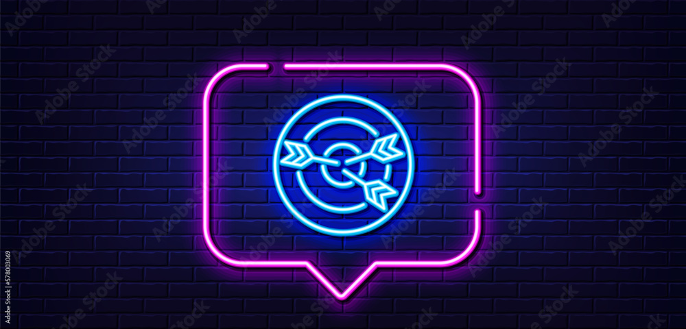 Neon light speech bubble. Target line icon. Marketing targeting strategy symbol. Aim with arrows sign. Neon light background. Targeting glow line. Brick wall banner. Vector Neon light speech bubble. Target line icon. Marketing targeting strategy symbol. Aim with arrows sign. Neon light background. Targeting glow line. Brick wall banner. Vector
