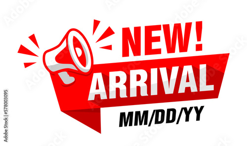 New arrival product tag on red ribbon with megaphone. Advertising vector sticker on transparent background