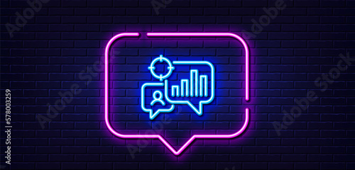Neon light speech bubble. Seo statistics line icon. Search engine optimization sign. Analytics chart symbol. Neon light background. Seo statistics glow line. Brick wall banner. Vector