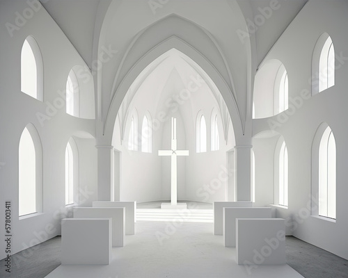 Church Interior with clean white interior and large cross in the middle-Generative AI