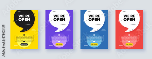 Poster frame with quote, comma. We are open tag. Promotion new business sign. Welcome advertising symbol. Quotation offer bubble. Open message. Vector