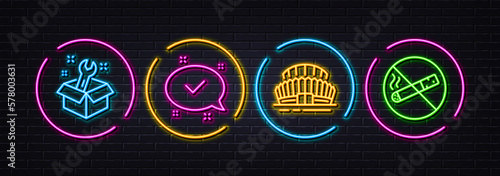Approved, Sports stadium and Spanner minimal line icons. Neon laser 3d lights. No smoking icons. For web, application, printing. Chat message, Championship arena, Repair service. Vector