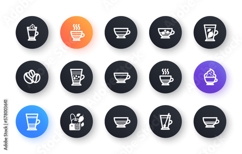 Coffee types and Tea icons. Mocha, Cappuccino and Latte. Americano cup classic icon set. Circle web buttons. Vector
